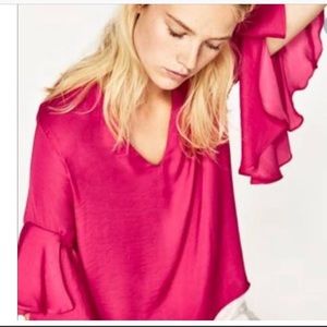 Zara hot pink blouse with ruffles bell sleeves